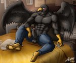 abs anthro balls beak bed big_pecs black_body black_eyes black_fur blue_bottomwear blue_clothing blue_pants bottomwear clothed clothing denim denim_bottomwear denim_clothing erection feet fur furniture genitals humanoid_genitalia humanoid_penis jeans male moobs muscular muscular_anthro muscular_male navel nipples on_bed open_bottomwear open_clothing open_pants pants pants_only pecs penis penis_poking_out sitting sitting_on_bed solo teeth topless topless_anthro topless_male wings yellow_beak yellow_feet yellow_hands alkan tan_(character) accipitrid accipitriform avian bird eagle absurd_res hi_res