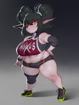 absurd_res alternate_costume athletic_wear basketball_clothing basketball_jersey basketball_shorts basketball_uniform big_breasts black_hair bottomwear bra breasts clothing female footwear forastero hair hi_res humanoid humanoid_pointy_ears league_of_legends navel not_furry noxus_poppy_(lol) overweight overweight_female overweight_humanoid pigtails poppy_(lol) riot_games short_stack shorts slightly_chubby solo sports_bra sportswear tencent thick_thighs underwear uniform wide_hips yordle