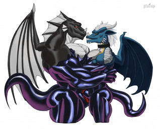 2_horns anthro black_body black_sclera blue_body bulge bulge_frottage chastity_bulge chastity_device chin_spikes claws dorsal_fin dorsal_frill ear_fins eye_contact facial_spikes fin frill_(anatomy) goo_transformation grey_body hair horn hug lock_symbol looking_at_another male membrane_(anatomy) membranous_wings multicolored_body muscular muscular_male null_bulge null_bulge_frottage pecs red_eyes scales spikes spikes_(anatomy) spines spreading transformation ventral_scales wearing_chastity_device white_hair wings yellow_eyes tiburalgo mythology negadrake talen dragon mythological_creature mythological_scalie scalie 2024 hi_res