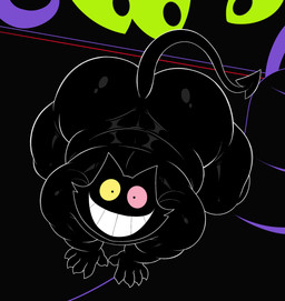 5_fingers all_fours anthro big_butt black_body black_fur butt cheek_tuft claws facial_tuft fingers fur heterochromia looking_up male nude overweight overweight_anthro overweight_male pink_eyes smile solo spades_(suit) suit_symbol tuft yellow_eyes redeyedgazer deltarune undertale_(series) friend_(deltarune) domestic_cat felid feline felis mammal 2025 absurd_res english_description hi_res