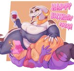 alcohol anthro belly_rub beverage cake candle clothing dessert duo feeding female female/female food gold_(metal) gold_jewelry inflation jewelry lying nipple_piercing nipples nipples_visible_through_clothing on_back piercing purple_body purple_scales scales stuffing tongue tongue_out torn_clothing white_body white_scales wine chestdandy keeshee vranda reptile scalie snake