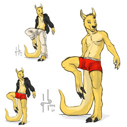 anthro black_claws black_clothing black_topwear blue_eyes bottomwear bulge claws clothed clothing detailed_bulge front_view fur genital_outline looking_at_viewer male male_anthro mouth_closed narrowed_eyes open_clothing open_topwear pants penis_outline red_bottomwear red_clothing simple_background solo standing topless topwear white_background white_bottomwear white_clothing white_pants yellow_body yellow_fur hufnaar solaxe kangaroo macropod mammal marsupial 1:1 2011 dated hi_res multiple_versions