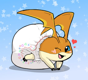 ambiguous_gender blue_eyes blush blush_lines clean_diaper clothed clothing countershading diaper feral head_wings looking_at_viewer membrane_(anatomy) membranous_wings one_eye_closed open_mouth orange_body pattern_background simple_background solo tongue unusual_wing_placement wearing_diaper wings wink winking_at_viewer parumpee bandai_namco digimon digimon_(species) patamon