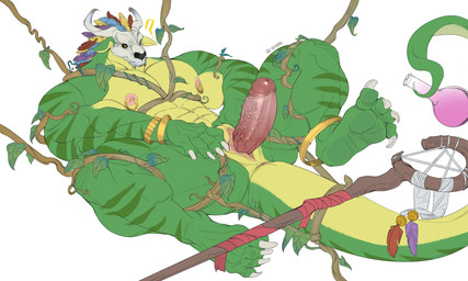 abs animal_genitalia anthro biceps bone bone_mask claws genital_slit genitals green_body male mask nipple_piercing nipples pecs penis piercing skull skull_mask solo staff striped_body stripes tail vein veiny_penis big_treeeee terraria witch_doctor_(terraria) canid canine canis domestic_dog hunting_dog lihzahrd lizard lizardman mammal reptile scalie terrier absurd_res hi_res
