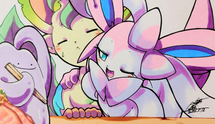 ambiguous_gender annoyed blue_body blush blush_lines bodily_fluids bow_(anatomy) chopsticks duo eyelashes eyes_closed feral food fur group holding_chopsticks holding_object one_eye_closed one_eye_half-closed open_mouth paws pink_body pink_fur plate pupils purple_body ribbons_(anatomy) size_difference sweat tan_body tan_fur tongue trio white_body white_pupils 025aki nintendo pokemon ditto_(pokemon) eeveelution generation_1_pokemon generation_4_pokemon generation_6_pokemon leafeon pokemon_(species) sylveon 2026 dated hi_res signature