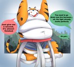 anthro armpit_hair belly big_belly body_hair bottomwear clothing countershading ladder male mascot navel obese obese_male orange_body overweight overweight_male shirt shorts solo text topwear white_body eddiefragoso belly_on_ladder_meme frosted_flakes kellogg's tony_the_tiger felid mammal pantherine tiger 2022 absurd_res english_text hi_res meme