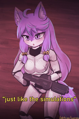 anthro armor bell_accessory biped clothed clothing cosplay countershade_face countershade_fur countershading female fluffy fluffy_tail front_view fur hair holding_object holding_ranged_weapon holding_weapon inner_ear_fluff long_hair open_mouth pink_body pink_eyes pink_fur pink_hair pink_nose ranged_weapon simple_background solo stormtrooper tail text tuft weapon white_body white_countershading white_fur lumineko star_wars luminyako_(lumineko) domestic_cat felid feline felis mammal 2026 2:3 english_text