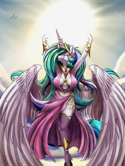 anthro anthrofied biped breasts cleavage clothed clothing dress erect_nipples female footwear high_heels horn jewelry legwear looking_at_viewer nipple_outline nipples shoes socks solo stockings sun thigh_highs wings kasaler friendship_is_magic hasbro my_little_pony mythology princess_celestia_(mlp) equid equine mammal mythological_creature mythological_equine winged_unicorn 2018 hi_res