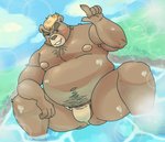 anthro asian_clothing barazoku belly brown_body brown_fur bulge clothing east_asian_clothing fundoshi fur humanoid_hands japanese_clothing male moobs nipples one_eye_closed overweight overweight_anthro overweight_male solo underwear water wink matchaijuice lifewonders tokyo_afterschool_summoners ashigara_(tas) bear mammal 2020 hi_res