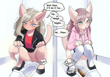 anthro bathroom blonde_hair blue_eyes blush bodily_fluids brown_hair clothed clothing crouching crowning_feces duo embarrassed eyelashes feces female footwear genital_fluids green_eyes grunting hair high_heels hoodie jacket leather leather_clothing leather_jacket leather_topwear long_hair pale_fur pantsless pink_clothing pink_hoodie pink_topwear pooping public_restroom red_clothing red_shirt red_topwear shirt shoes socks sound_effects speech_bubble squat_toilet thought_bubble topwear urine unoroute domestic_cat felid feline felis mammal