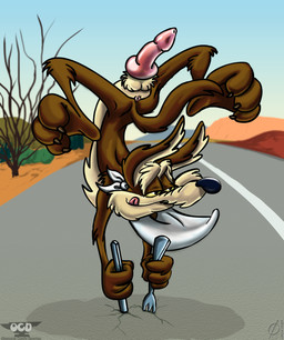 3_toes anatomically_correct anatomically_correct_genitalia animal_genitalia animal_penis anthro anus balls biped black_nose brown_body brown_fur butt canine_genitalia canine_penis claws cutlery desert erection feet fingers fork fur genitals kitchen_utensils knife male nude pavement penis plantigrade road smile solo tail toes tongue tongue_out tools toony yellow_eyes conditional_dnp emptyset stevethedragon looney_tunes warner_brothers wile_e._coyote canid canine canis coyote mammal artist_collaboration digital_drawing_(artwork) digital_media_(artwork) hi_res