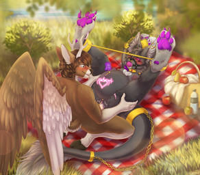 accessory anthro antlers arms_above_head ball_gag bedding belly_piercing big_feet blanket blush breasts brown_body brown_fur brown_hair clitoris clitoris_piercing collar cuff_(restraint) decepticon_insignia duo ear_piercing facial_piercing feathered_wings feathers feet female fluffy fluffy_tail food fruit fur furgonomics gag genital_piercing genitals glowing glowing_tattoo glowing_womb_tattoo grass grey_body grey_fur hair handcuffed handcuffs hooves horn jewelry leg_grab legs_up lying magic male male/female metal_cuffs navel navel_piercing nipple_piercing nipples nose_piercing nose_ring nude on_back outside outside_sex penetration penis picnic piercing plant pregnant pregnant_anthro pregnant_female pregnant_sex restraints ring_piercing scar scut_tail sex short_tail shrub spreader_bar tail tail_accessory tail_jewelry tattoo vaginal vaginal_penetration vulva wings womb_tattoo yumiix hasbro takara_tomy transformers lucan_(golddrake) roxxie_dafloof deer hobkin hobkin_redux mammal hi_res