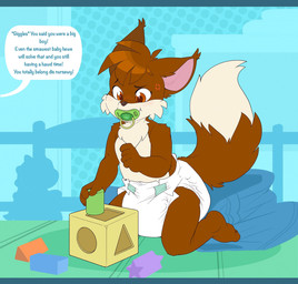after_transformation age_regression ambiguous_gender anthro baby_talk big_diaper block blush blush_lines bottomwear brown_body brown_fur brown_tail clean_diaper clothed clothing cross-popping_vein detailed_background dialogue diaper diaper_only dipstick_tail fluffy fluffy_tail fur green_pacifier holding_object kneeling markings multicolored_body multicolored_fur object_in_mouth offscreen_character pacifier pacifier_in_mouth pants pink_inner_ear plantigrade solo speech_bubble tail tail_markings tan_body tan_fur tan_tail tan_tail_tip text topless toy two_tone_body two_tone_fur wearing_diaper white_diaper bubblepuppers chris_(babychrisfox) canid canine fox mammal english_text hi_res letterbox
