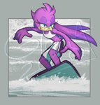 anthro beak biped blue_eyes border bottomwear clothing female flat_chested grey_border half-closed_eyes narrowed_eyes purple_body shorts smile solo standing surfboard surfing swimming swimming_trunks swimwear topwear vehicle water watercraft white_clothing white_swimwear white_topwear yellow_beak nostalgicrogue sega sonic_riders sonic_the_hedgehog_(series) wave_the_swallow avian babylonian_(sonic) bird hirundinid oscine passerine swallow_(bird) 2020 digital_media_(artwork) watermark