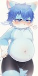 anthro balls_outline belly blue_body blue_eyes blue_fur blue_hair blush bodily_fluids bottomwear bulge clothing detailed_bulge fur genital_outline hair hotpants kemono looking_at_viewer male overweight penis_outline shorts shy slightly_chubby solo sweat sweatdrop tight_clothing young sini_2525 mikey_(mikey_fox) canid canine fox mammal hi_res