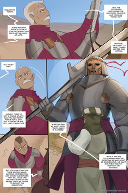 5_fingers armor blue_sky breastplate clothed clothing day dialogue dialogue_box facial_hair feral fingers group hair human_only light_body light_skin male melee_weapon mustache not_furry outside scar size_difference sky speech_bubble text weapon white_hair arbuzbudesh equid equine horse human mammal 2026 2:3 absurd_res colored comic english_text hi_res url