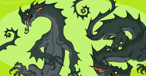 5_fingers 5_toes ambiguous_gender black_body claws facial_horn fangs feet feral fingers forked_tongue green_background horn long_tail multicolored_tongue multiple_poses nose_horn open_mouth pose quadruped simple_background solo spiked_arms spiked_neck spiked_tail spikes spikes_(anatomy) standing tail teeth toes tongue yellow_eyes maria_ruta mythology dragon mythological_creature mythological_scalie scalie wingless_dragon 2025 dated hi_res signature