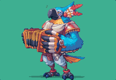 3_toes 5_fingers anklet anthro bandoneon beak belt big_hands biped blue_body blue_claws blue_feathers blue_markings blue_tail bottomwear claws clothed clothing countershade_tail countershade_torso countershading eye_markings feathered_crest feathered_wings feathers feet fingers front_view green_background grey_beak grey_body grey_feathers head_crest holding_musical_instrument holding_object jewelry looking_away loose_feather male markings multicolored_body multicolored_feathers musical_instrument musical_note musical_symbol pants scarf scroll shadow simple_background smile solo standing symbol tail tail_feathers talons thick_arms toe_claws toes two_tone_tail winged_arms wings yellow_body yellow_countershading yellow_eyes yellow_feathers yellow_tail ahruon breath_of_the_wild nintendo the_legend_of_zelda kass_(tloz) avian bird rito 2017 digital_media_(artwork) full-length_portrait pixel_(artwork) portrait