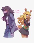 :3 anthro antlers back_to_back biped black_bottomwear black_clothing black_shirt black_skirt black_topwear blonde_eyebrows blonde_hair blue_clothing blue_jacket blue_topwear blush blush_lines bottomwear breasts brown_body brown_ears brown_eyebrows brown_fur brown_hair checkered checkered_clothing checkered_sweater checkered_topwear clasped_hands clothed clothed_anthro clothed_female clothing countershade_tail countershading denim denim_bottomwear denim_clothing duo eyebrows eyelashes female female/female flustered freckles fully_clothed fully_clothed_anthro fully_clothed_female fur grey_eyes hair hand_in_pocket heart_symbol horn jacket jeans long_hair looking_aside motion_lines non-mammal_breasts pants pattern_clothing pattern_sweater pattern_topwear pencil_skirt pockets purple_body raised_hands red_nose shirt short_tail side_view simple_background skirt small_tail standing sweater sweater_vest tail tail_motion tailwag text topwear torn_bottomwear torn_clothing torn_jeans torn_pants twitter_handle vest white_background white_clothing white_shirt white_topwear marizoh_rm deltarune undertale_(series) noelle_holiday susie_(deltarune) deer mammal new_world_deer reindeer reptile scalie 2023 4:5 artist_name digital_media_(artwork) hi_res japanese_text translation_request