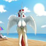 anthro anthrofied areola beach big_breasts breasts duo female horn leaning leaning_forward mature_anthro mature_female nipples nude outside seaside umbrella wings four_eyes_(artist) friendship_is_magic hasbro my_little_pony mythology lauren_faust_(character) princess_celestia_(mlp) equid equine mammal mythological_creature mythological_equine winged_unicorn 1:1 absurd_res hi_res