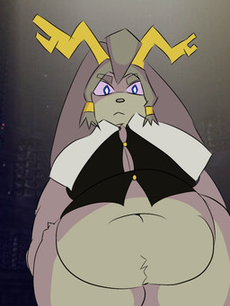:< anthro antlers belly belly_overhang big_belly big_breasts blue_eyes bottomless breasts button_(fastener) cape cleavage clothed clothing collared_shirt deep_navel dress_shirt female front_view frown fur glaring_at_viewer grey_body grey_fur grey_hair hair horn huge_thighs looking_at_viewer navel obese obese_female overweight overweight_female pear-shaped_figure screencap screencap_background shadowed_eyes shirt solo standing stare straining_buttons thick_thighs topwear wide_hips mateusaum pseudoregalia sybil_(pseudoregalia) bovid caprine hybrid lagomorph mammal 2024 digital_drawing_(artwork) digital_media_(artwork) hi_res portrait three-quarter_portrait