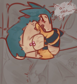 ambiguous_gender assertive_feral bed bedding bedroom_eyes blanket blue_body blue_fur consent_themes cuddling dialogue duo feral feral_on_feral fur furniture genitals hand_on_penis handjob happy happy_sex head_on_chest heart_eyes heart_symbol imminent_sex interspecies male male/ambiguous moan morning_sex narrowed_eyes obscured_sex penile penis pillow reaching_down romantic romantic_couple seductive semi-anthro sex speech_bubble tired tongue tongue_out under_covers yellow_body yellow_fur xurora nintendo pokemon blurr_(xurora) sobel_(xurora) ampharos generation_2_pokemon pokemon_(species) typhlosion hi_res