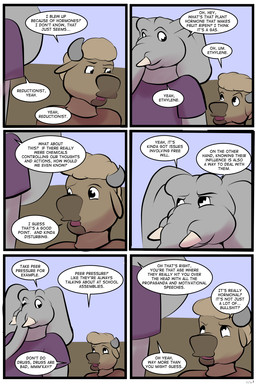anthro blonde_hair brown_body brown_fur clothed clothed_anthro clothed_male clothing dialogue duo fur grey_body grey_skin hair horn male open_mouth proboscis_(anatomy) text trunk_(anatomy) tusks young young_anthro young_male thunderouserections study_partners ragdoll_(study_partners) will_(study_partners) bison bovid bovine elephant elephantid mammal proboscidean 2:3 comic english_text hi_res