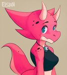 anthro bell bell_collar blue_eyes breasts clothed clothing collar female horn jingle_bell looking_at_viewer non-mammal_breasts pink_body pink_scales scales simple_background solo topwear tube_top elsian jennie_koe_bolde kobold reptile scalie digital_media_(artwork)