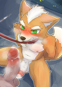anthro areola balls biped black_nose blush blush_lines bodily_fluids bound breath cheek_tuft clenched_teeth collar collar_only cum cum_drip dipstick_tail dripping duo erection eyebrows faceless_character faceless_human faceless_male facial_tuft fangs foreskin fur genital_fluids genitals glans glistening glistening_eyes glistening_genitalia glistening_glans glistening_penis green_eyes hair hands_behind_back hands_tied humanoid_genitalia humanoid_penis inner_ear_fluff kneeling leash looking_up male male/male male_anthro markings mismatched_genitalia mismatched_humanoid_penis mismatched_penis multicolored_body multicolored_fur multicolored_penis multicolored_tail navel nipples nude nude_anthro nude_male orange_body orange_fur orange_tail outline partially_retracted_foreskin penis pink_areola pink_glans pink_nipples red_collar red_leash red_penis solo_focus syringe tail tail_markings teeth tuft two_tone_body two_tone_fur two_tone_penis white_balls white_body white_eyebrows white_fur white_hair white_inner_ear_fluff white_outline white_penis white_tail white_tail_tip suzuinu nintendo star_fox fox_mccloud canid canine fox human mammal 2026 digital_media_(artwork) hi_res