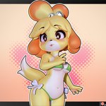 anthro bell bell_collar bikini blep blush bow_ribbon breasts clothed clothing collar eyelashes female fur hair medium_breasts simple_background solo swimwear tail tongue tongue_out two-piece_swimsuit waist_bow yellow_body yellow_fur zy0n7 animal_crossing nintendo isabelle_(animal_crossing) canid canine canis domestic_dog mammal shih_tzu toy_dog 1:1 2025 3d_(artwork) digital_media_(artwork) hi_res