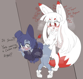 against_surface against_wall anthro anthro_on_anthro anthro_penetrated anthro_penetrating anthro_penetrating_anthro arm_support arm_tuft big_tail black_clothing black_hoodie black_nose black_topwear blue_body blue_eyebrows blue_hair bodily_fluids breasts breath butt clothing crotch_tuft cute_fangs dialogue dipstick_ears dipstick_tail duo ear_markings eye_through_hair eyebrow_through_hair eyebrows fangs female female_penetrated floppy_ears footwear fur genital_fluids grey_background gynomorph gynomorph/female gynomorph_penetrating gynomorph_penetrating_female hair hoodie impregnation_attempt impregnation_risk inner_ear_fluff intersex intersex/female intersex_penetrating intersex_penetrating_female knee_tuft knotting knotting_symbol leg_tuft legs_together long_hair looking_back markings multicolored_ears nipples nude_gynomorph open_mouth penetration penile penile_penetration penis_in_vagina plantigrade questionable_consent raised_heel red_body red_eyes red_fur risky_sex sex shoes shoulder_tuft simple_background small_breasts sneakers spiral spiral_eyes tail tail_markings teeth text topwear translucent translucent_hair tuft unwanted_cum_inside vaginal vaginal_fluids vaginal_knotting vaginal_penetration white_body white_fur white_hair white_inner_ear_fluff jratking miko_(jratking) mini_(puppy_in_space) canid canine canis domestic_dog fox mammal english_text hi_res