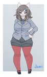 accessory anthro belt big_breasts black_nose blush bottomwear breasts clothing female fur hair hair_accessory looking_at_viewer necktie shorts smile solo standing white_body white_fur arumo canid mammal 2021 absurd_res hi_res