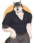 anthro biped black_eyebrows black_nose eyebrows male muscular muscular_anthro muscular_male pecs solo thick_eyebrows gaokogeki echo_(series) echo_project the_smoke_room kane_dunbar canid canine canis mammal wolf 2024 absurd_res colored hi_res signature