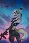 aircraft airplane anthro ar-15 assault_rifle bulletproof_vest female gun m4 midriff moon nature nature_background outside pink_eyes ranged_weapon rifle sky solo spots star starry_sky sunset thong_straps vehicle weapon amarihel reign_(scfiii) canid canine canis domestic_dog mammal hi_res