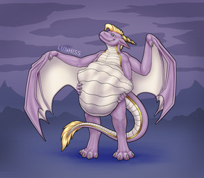 abdominal_bulge anthro anthro_pred belly big_belly bloated claws duo fully_inside gold_(metal) hair holding_belly horn horn_jewelry huge_belly jewelry larger_pred male male_pred membrane_(anatomy) membranous_wings oral_vore size_difference smile soft_vore tail text vore wings lunhiss mythology kiva_(kael) dragon mythological_creature mythological_scalie scalie 2026 artist_name digital_drawing_(artwork) digital_media_(artwork) hi_res shaded widescreen