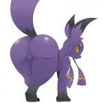 1:1 ambiguous_gender big_butt black_body black_fur butt butt_focus fakemon fakeveelution feral fur haunteon_(fakemon) hi_res long_ears looking_at_viewer looking_back orange_eyes purple_body purple_fur rear_view sharp_teeth solo teeth tohtori_crow