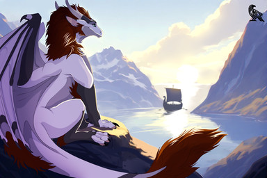 claws feral fjord fur horn landscape scales ship sitting tail vehicle water watercraft wings omez mythology dragon mythological_creature mythological_scalie scalie