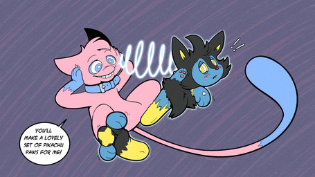 abstract_background black_body black_fur blue_body blue_collar blue_fur body_part_transformation collar duo feet foot_focus foot_transformation fur hypnosis hypnotic_eyes inanimate_transformation merging mid_transformation mind_control paws pink_body pink_fur psychic_powers purple_background ringed_eyes simple_background speech_bubble tail text transformation trevor-fox nintendo pokemon aoi_(wuppy245) reynold_(reynoldzapcat) braixen felid generation_1_pokemon generation_4_pokemon generation_6_pokemon hybrid hybrid_pokemon legendary_pokemon lucario luxio mammal mew_(pokemon) pokemon_(species) 16:9 english_text hi_res widescreen