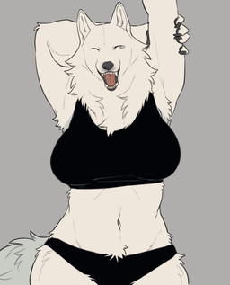 4_fingers anthro arm_above_head arm_tuft armpit_tuft bent_arm big_breasts biped black_bra black_claws black_clothing black_nose black_panties black_pawpads black_sports_bra black_underwear bra breasts cheek_tuft claws clothed clothed_anthro clothed_female clothing crotch_tuft elbow_tuft eyes_closed facial_tuft fangs female finger_claws fingers fluffy fluffy_tail front_view fur fur_tuft grey_background grey_tail hand_on_arm hand_on_own_arm hip_tuft inner_ear_fluff leg_tuft light_body light_fur monotone_background monotone_body monotone_fur monotone_tail navel neck_tuft open_mouth panties pawpads pink_tongue pointy_ears prick_ears simple_background snout solo sports_bra standing stretching tail teeth tongue tuft underwear whisker_spots white_body white_ears white_fur white_inner_ear_fluff yawn nekomata_ftnr canid canine canis mammal wolf 2025 digital_drawing_(artwork) digital_media_(artwork) hi_res portrait three-quarter_portrait