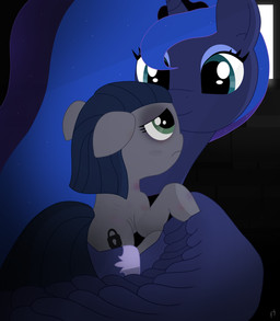 blue_eyes bruised bruised_eye duo female female/female feral green_eyes hug sad young fskindness friendship_is_magic hasbro my_little_pony minkie_pie princess_luna_(mlp) absurd_res hi_res