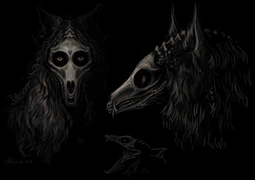 ambiguous_gender anthro black_background black_body black_fur bone creepy fangs fur looking_at_viewer nightmare_fuel open_mouth side_view simple_background skull skull_head solo teeth creepy_gun scp_foundation scp-1471-a malo 2026 absurd_res digital_media_(artwork) hi_res