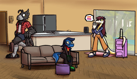 anthro appliance beak black_claws blue_body blue_clothing blue_eyes blue_footwear blue_pupils blue_scales blue_shirt blue_shoes blue_topwear blush bottomwear checkered checkered_clothing checkered_shirt checkered_topwear claws clothed clothing digit_ring feathers feet female footwear fridge furniture gloves green_clothing green_footwear green_gloves green_handwear green_shoes grey_beak grey_body grey_clothing grey_feathers grey_shirt grey_sweater grey_topwear group hair hands_together handwear jewelry kerchief kitchen_appliance long_tail looking_away luggage male markings necklace nervous open_clothing open_shirt open_topwear orange_bottomwear orange_clothing orange_pants pants pattern_clothing pattern_shirt pattern_topwear pupils purple_body purple_markings purple_scales raised_hand red_clothing red_hair red_kerchief red_shirt red_topwear ring scales scuted_legs scutes shirt shoes sink sitting sofa speaker speech_bubble stated_homosexuality stated_sexuality sweater tail tail_feathers talons toe_claws toes topwear trio wedding_ring white_body white_clothing white_scales white_shirt white_topwear yellow_body yellow_scales yellow_sclera ultilix maria_(ultilix) pater_(ultilix) ulti_(ultilix) avian bird corvid corvus_(genus) crow lizard oscine passerine reptile scalie snake 2026 trans_(lore) trans_woman_(lore)