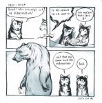 2014 4koma absurd_res anne_barnetson bear black_nose canid canine canis comic customer_service_wolf dialogue english_text exclamation_point female feral group hi_res larger_feral mammal question_mark size_difference smaller_feral snout speech_bubble text traditional_media_(artwork) wolf