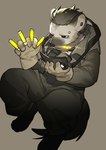2021 absurd_res anthro arknights black_eyes black_hair black_nose bottomwear cheek_tuft clothed clothing coat ear_piercing eyebrow_piercing facial_markings facial_piercing facial_tuft fully_clothed fur gloves grey_background grey_body grey_fur hair handwear head_markings hi_res holding_object hyena hypergryph kemono male mammal markings milkytiger1145 mouth_hold object_in_mouth pants piercing simple_background solo spot_(arknights) studio_montagne topwear tuft