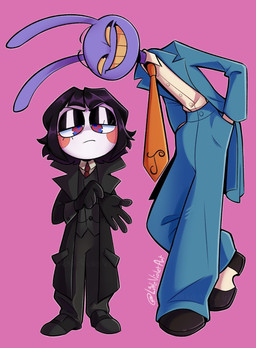 anthro black_bottomwear black_clothing black_coat black_dress_shoes black_eyebrows black_footwear black_gloves black_hair black_handwear black_pants black_shoes black_suit black_topwear black_vest blue_bottomwear blue_clothing blue_eyes blue_jacket blue_pants blue_suit blue_suit_jacket blue_topwear bluesky_handle blush blush_stickers bottomwear clothed clothed_anthro clothed_human clothing coat collared_shirt cosplay crossover_cosplay dress_shirt dress_shoes duo eyebrows female female_human footwear fully_clothed fully_clothed_anthro fully_clothed_human gloves hair hand_in_pocket handwear jacket male male_anthro multicolored_eyes necktie noseless orange_necktie pants pink_background pockets purple_body red_eyes red_necktie shirt shoes simple_background smile standing suit suit_jacket teeth topwear vest voice_actor_joke white_body white_clothing white_dress_shirt white_shirt white_skin white_topwear yellow_eyes yellow_teeth littlevioletart glitch_productions lackadaisy the_amazing_digital_circus jax_(tadc) mordecai_heller pomni_(tadc) rocky_rickaby human lagomorph leporid mammal rabbit 2025 crossover digital_drawing_(artwork) digital_media_(artwork) full-length_portrait hi_res portrait