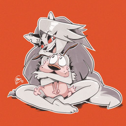 anthro duo ear_piercing ear_ring eyeshadow feet female fur grey_body grey_fur grey_hair hair hug hugging_another hugging_from_behind long_hair looking_at_viewer makeup male nude open_mouth open_smile orange_background piercing pink_body red_sclera ring_piercing simple_background sitting smile smiling_at_viewer white_eyes edtropolis cartoon_network courage_the_cowardly_dog hellaverse helluva_boss mythology courage_the_cowardly_dog_(character) loona_(helluva_boss) beagle canid canid_demon canine canis demon domestic_dog hellhound hunting_dog mammal mythological_canine mythological_creature scent_hound 1:1 2025 absurd_res crossover hi_res