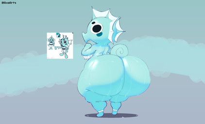 anthro big_butt black_eyes blue_body blue_skin blue_tail blush bodily_fluids bottom_heavy butt looking_back male nude open_mouth rear_view shortstack shortstack_male solo standing sweat tail text thick_thighs three-quarter_view wide_hips axoarts blushcrunch_studio dandy's_world roblox fan_character aquatic fish seahorse syngnathid syngnathiform 2026 artist_name digital_media_(artwork) hi_res