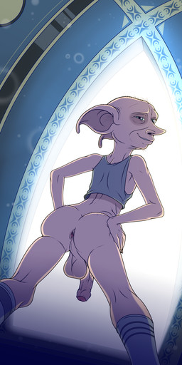 anus backsack balls bedroom_eyes body_hair bottomless bottomless_humanoid bottomless_male butt butt_hair clothed clothing facial_hair footwear foreskin genitals half-closed_eyes half-erect humanoid_genitalia humanoid_penis humanoid_pointy_ears looking_at_viewer looking_back male mature_humanoid mature_male narrowed_eyes not_furry partially_retracted_foreskin penis pointy_ears rear_view seductive shirt smile socks solo standing tank_top topwear vein veiny_penis enookie harry_potter_(series) dobby_(harry_potter) elf house_elf humanoid 1:2 absurd_res digital_media_(artwork) hi_res