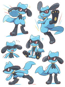 action_pose ambiguous_gender anthro blue_body emanata eyes_closed fangs happy open_mouth pawpads paws pose question_mark red_eyes simple_background sitting smile solo sparkles tail teeth tongue nekogyo122 nintendo pokemon generation_4_pokemon pokemon_(species) riolu 2023 3:4 absurd_res hi_res