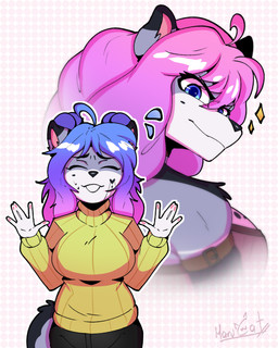 anthro blue_eyes clothing dotted_background duo female hair pattern_background pink_hair purple_hair raised_arms simple_background sweater topwear turtleneck harucat bear giant_panda mammal 4:5 absurd_res hi_res signature